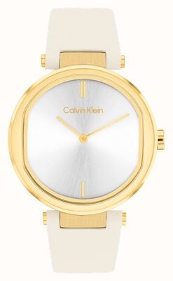 Calvin Klein Sensação feminina | mostrador prateado | pulseira de couro branco 25200254