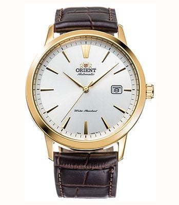 Orient Montre mécanique contemporaine (41,6 mm), cadran argenté, bracelet en cuir marron RA-AC0F04S30B