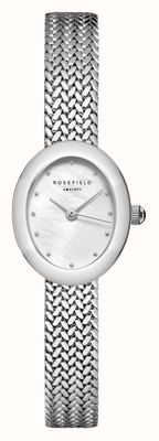 Rosefield Mini mostrador oval (18 mm) em madrepérola / pulseira de malha de aço inoxidável MWSMS-M05