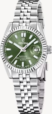 Festina Zwitsers klassiek quartz uurwerk (29 mm) met groene wijzerplaat met zonnestraalmotief / roestvrijstalen armband F20087/5