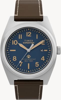 Timex Expedition Capstone (39 mm) com mostrador azul e pulseira de couro marrom ecológico. TW2Y30600
