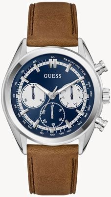 Guess Dawson 多功能腕表（44毫米）蓝色太阳纹表盘/棕色皮表带 GW0972G1