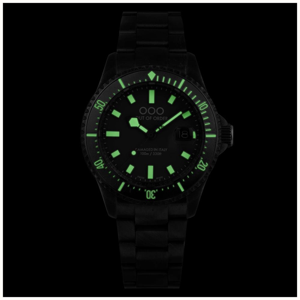 Out of Order GMT VENEZIA BRUSHED Swiss Made Acciaio Quarzo Verde Datario Vintage Orologio Uomo
