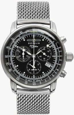 Zeppelin 100 Jahre Quartz Chronograph (42mm) Black Dial / Stainless Steel Mesh Bracelet 7680M-2