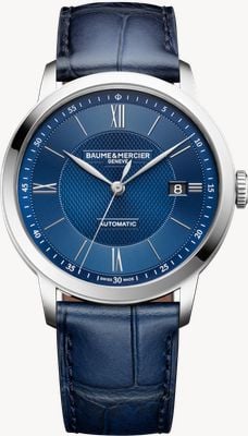 Baume & Mercier Classima date automatic (40mm) blauwe wijzerplaat met satijnen afwerking / donkerblauwe leren band 10879