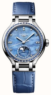 LONGINES Primaluna maanfase blauwe saffier (34mm) blauwe parelmoer wijzerplaat / blauwe alligatorlederen band L81260972