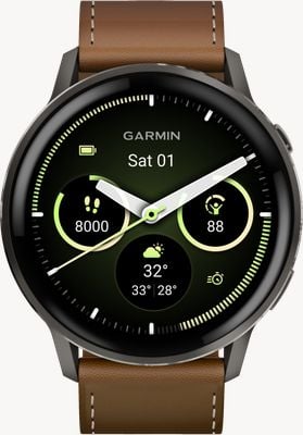Garmin Venu 4 – AMOLED-Smartwatch für Gesundheit und Fitness (45 mm) in Schiefergrau mit schwarzem Silikon und braunem Leder 010-03014-03