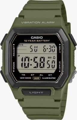Casio W-738 Series Vibration-Alarm Illuminator (42.8mm) Digital Display / Green Resin Band W-738H-3AVEF