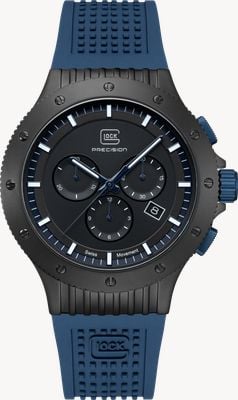 GLOCK Precision Titan-Chronograph in limitierter Auflage (44 mm), schwarzes Zifferblatt / blaues Silikonarmband + Stahlgeflechtarmband GW-27-2-24