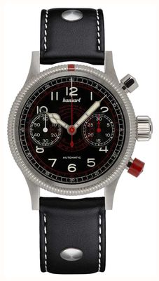Hanhart Pioneer Tachytele Automatik (40 mm) schwarzes Zifferblatt / schwarzes Lederarmband mit Nieten - m 712.210-0010