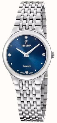 Festina Zwitsers quartz uurwerk van Grace (29 mm) met blauwe wijzerplaat met zonnestraalmotief / roestvrijstalen armband F20096/3
