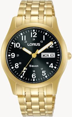 Lorus 经典星期/日期（38毫米）黑色太阳纹表盘/金色PVD不锈钢 RXN76DX9