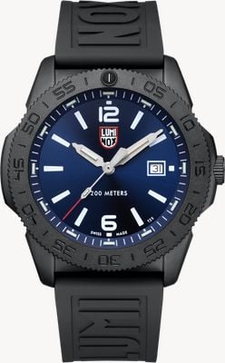 Luminox Pacific Diver: schwarzer Stahl – Serie 3120 (44 mm) blaues Zifferblatt mit Sonnenschliff / schwarzes, passgenaues EPDM-Armband XS.3123.B
