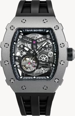 TSAR BOMBA Série Elemental titânio automático (43,5 mm) mostrador esqueleto preto / pulseira de silicone preta TB8208T-01