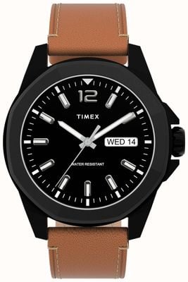 Timex Essex ave day/date 44mm caixa preta mostrador preto pulseira de couro marrom TW2U15100