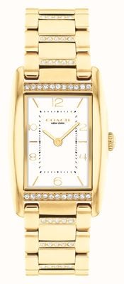 Coach Mostrador retangular branco reese feminino/pulseira de aço inoxidável em tom dourado com cristal 14504316
