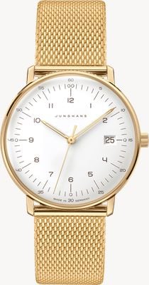 Junghans Max Bill Damen (32,7 mm), esfera blanca y pulsera milanesa de PVD dorado. 47/7452.46
