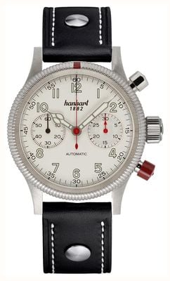 Hanhart Cronógrafo automático Pioneer MK II (40 mm) com mostrador branco antigo e pulseira de couro preta com rebites - tamanho M 716.200-0010