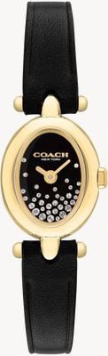 Coach Relógio feminino Sammy com mostrador cristal preto e pulseira de couro preto, mostrador oval dourado 14504739