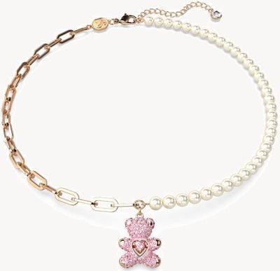 Swarovski Teddy Pendant Necklace Rose Gold-Tone Plated Pink Crystals Pearl Beads 5669166
