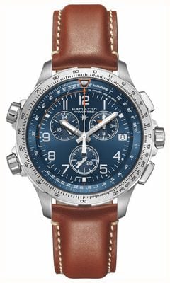 Hamilton Kaki aviation x-wind gmt chronographe quartz (46mm) cadran bleu / bracelet cuir marron H77922541