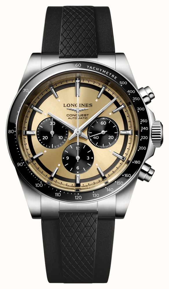 LONGINES Conquest Automatic Chronograph (42mm) Gold Sunray Dial / Black  Rubber L38354329 - First Class Watches™ USA