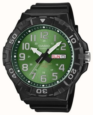 Casio Tag- und Datumsanzeige, Quarzwerk (52,6 mm), grünes Zifferblatt mit Sonnenschliff, schwarzes Harzarmband MRW-210H-3BVEF
