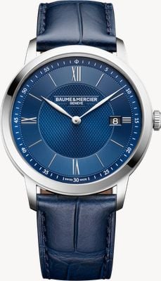 Baume & Mercier Classima quartz (40 mm) blauw zon-satijn gerstepatroon wijzerplaat / blauw kalfsleren horlogeband 10878
