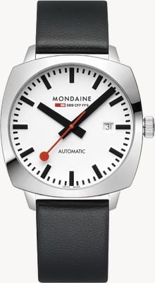 Mondaine Cushion automatisch (39 mm) witte wijzerplaat / zwarte veganistische leren band MSL.3961B.LBV