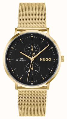 HUGO Relógio multifuncional de quartzo (40 mm) com mostrador preto e pulseira de malha de aço inoxidável com revestimento PVD dourado. 1530458