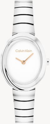 Calvin Klein Skręcony pierścień z dwoma wskazówkami, kwarcowy (24 mm), biała tarcza / bransoleta ze stali nierdzewnej 25100149