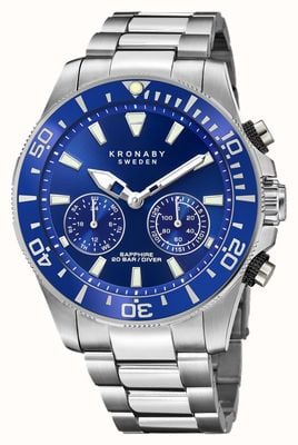 Kronaby Diver hybride smartwatch (45,7 mm) blauwe wijzerplaat / roestvrijstalen armband S3778/1