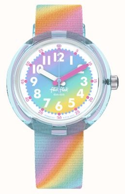 Flik Flak Liquid Rainbow (31,85 mm) Regenbogen-Zifferblatt / Regenbogen-Armband aus recyceltem Haustiergewebe FPNP152
