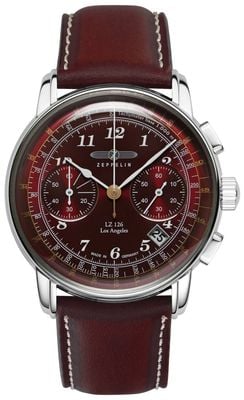 Zeppelin LZ 126 Los Angeles Quartz Chronograph (42mm) Dark-Red Dial / Dark-Red Leather Strap 7614-6