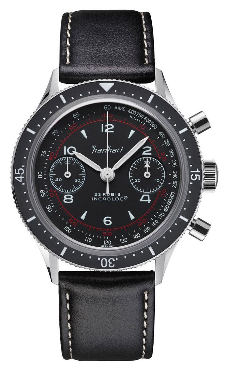 Hanhart 415 es pure (39 mm) cadran noir / bracelet en cuir montre