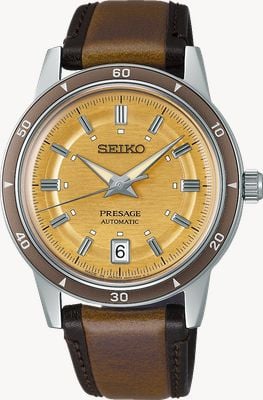 Seiko Estilo Presage, automático dos anos 60 (39,5 mm), mostrador amarelo dourado / pulseira de couro marrom SRPL75J1