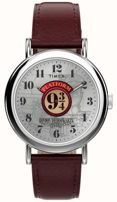 Timex Montre week-end Harry Potter, plateforme 9 3/4 (37 mm), cadran argenté / bracelet en cuir rouge TW2Y76200