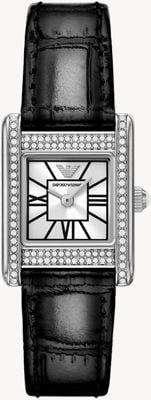 Emporio Armani Montre à quartz cristal à deux aiguilles (22 mm) cadran argenté / bracelet en cuir noir AR11660