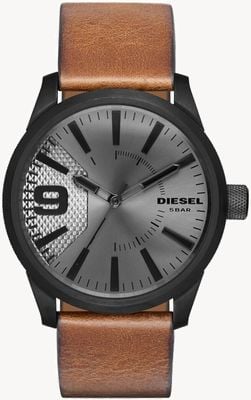 Diesel Bracelet homme cuir marron râpe cadran argent boitier noir DZ1764