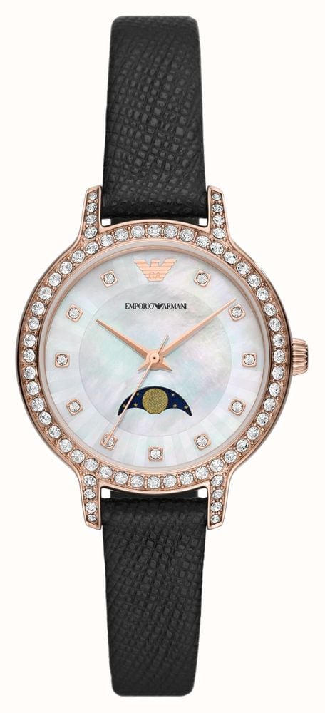 Emporio Armani Femme cadran phases de lune en nacre bracelet en cuir noir AR11514
