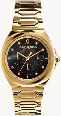 Olivia Burton Sportlicher Luxusglanz (36 mm) schwarzes Perlmuttzifferblatt / goldfarbenes Edelstahlarmband 24000150