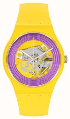 Swatch Relógio de discagem esqueleto amarelo anéis roxos SO29J100