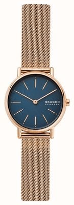 Skagen Signatur pulseira de malha de aço inoxidável em tons de ouro rosa mostrador azul SKW2837