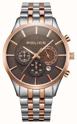 Police Cadran chronographe marron multifonction à quartz Cage (44 mm) / bracelet acier inoxydable bicolore PEWJI2194340