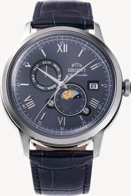 Orient Bambino Sun & Moon automático (41,5 mm) mostrador azul / pulseira de couro azul RA-AK0806L30B