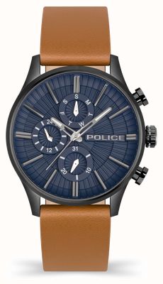 Police Relógio de quartzo multifuncional Barter (44 mm) mostrador azul escuro / pulseira de couro marrom PEWJF2195003