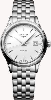 LONGINES Klassisches Flaggschiffmodell mit Automatikaufzug (30 mm), weißem Zifferblatt und Edelstahlarmband L43744186