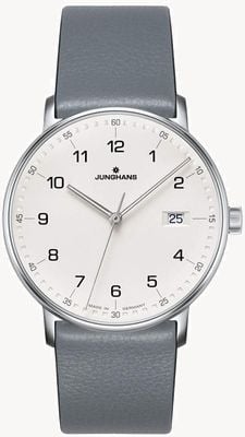 Junghans Vorm quartz grijs kalfsleer band horloge 41/4885.00