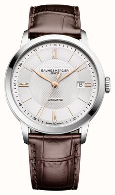 Baume & Mercier Automatyczny zegarek Classima z datą (40 mm) ze srebrną, satynową tarczą i ciemnobrązowym skórzanym paskiem 10853