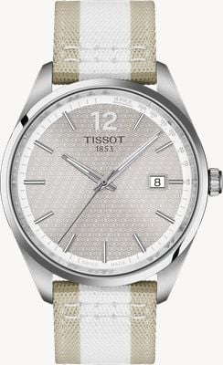 Tissot Pr 100 Cycling クォーツ (40mm) パターン入りグレー文字盤/ホワイト&ベージュテキスタイルストラップウォッチ T1504101703700